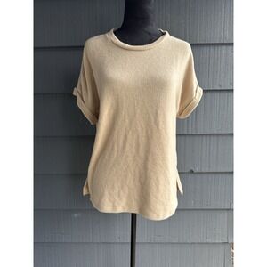 Astrologie California Women's Petite Large Short Sleeve Cuffed Beige Soft Top!